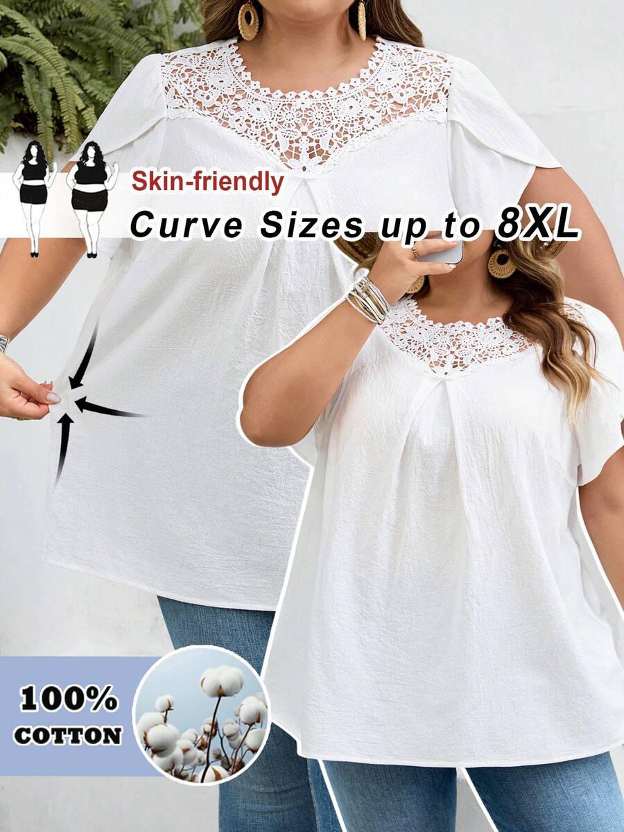 SHEIN CURVE+ Curve Size US22 音樂節海邊度假波希米亞風女款蕾絲花卉印花花瓣短袖襯衫 夏季鄉村海灘度假穿搭/海灘穿著