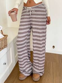 SHEIN EZwear 女款條紋時尚抽繩腰休閒針織運動長褲 - 摩卡棕 - 查看 6