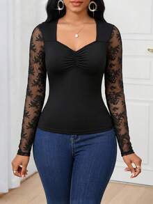SHEIN Lady 女款對比蕾絲長袖抓皺修身時尚T恤 - 黑色 - 查看 4