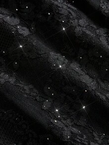 Girlism 青少年女孩春/夏新款優雅派對黑色純色蕾絲亮片針織網紗不對稱領修身腰部抓皺中長洋裝，畢業禮服 - 黑色 - 查看 5