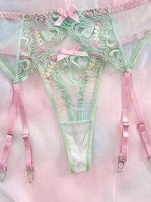 Spicy Aura 3件組彩色女孩刺繡內衣套裝 - 綠色 - 查看 4