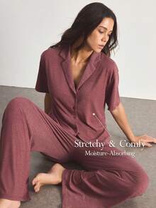 Ocili Conjunto de pijama de mujer cómodo y suave con solapa, manga corta y pantalones largos - Burdeos - Ver 1