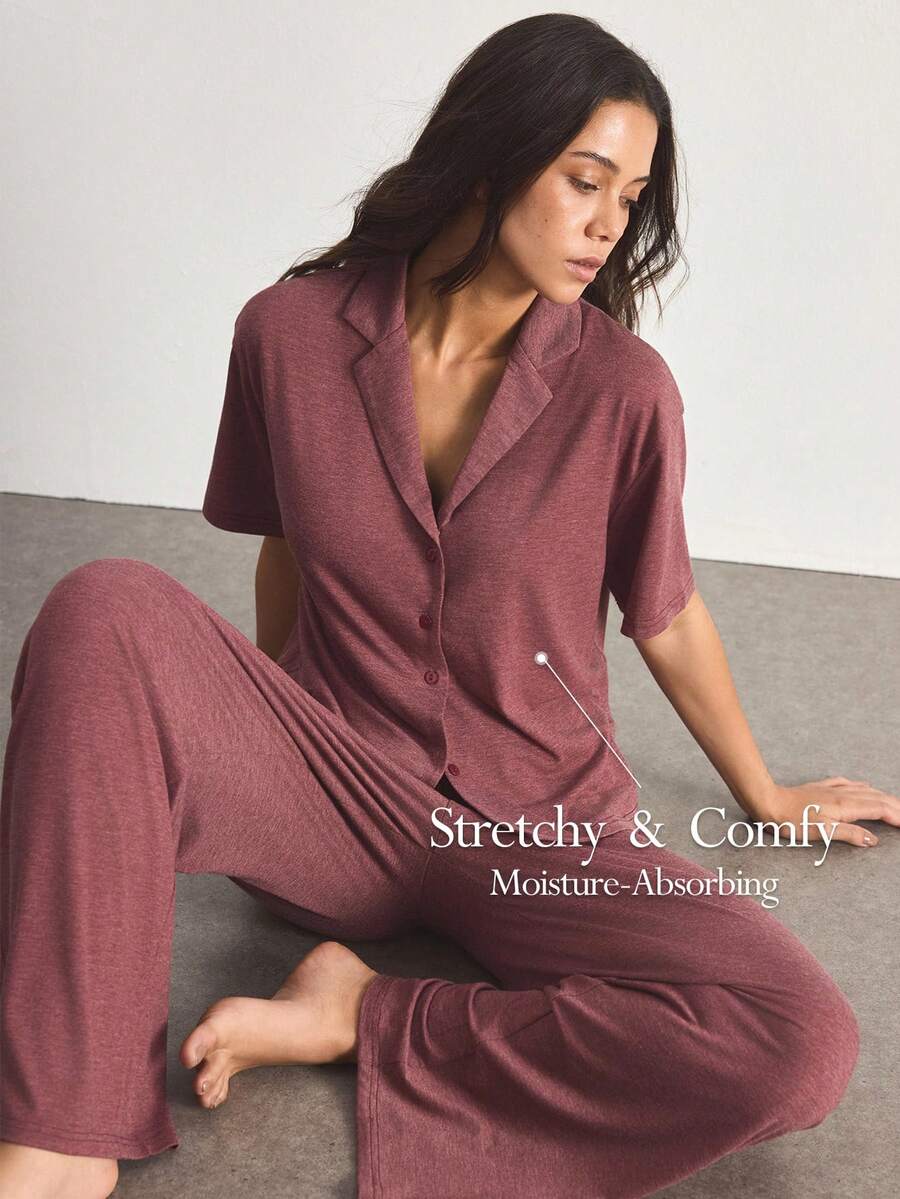 Ocili Conjunto de pijama de mujer cómodo y suave con solapa, manga corta y pantalones largos - Burdeos - Ver 1