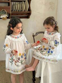 SHEIN LMoss Kids 女童雪纺碎花荷叶边休闲连衣裙 - 白色 - 查看 4