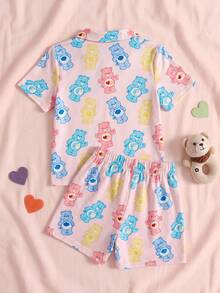 SHEIN X Care Bears Young Girl Cartoon Print Short Sleeve Top And Shorts Casual Daily Home Pajama Set - Pink - View 2