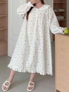 Dazy Plus Ditsy Floral Frill Trim Oversized Collar Sweet Long Sleeve Spring/Autumn New Long Nightgown - White - View 5