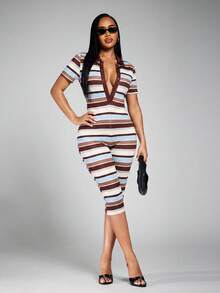 Radiana Women's Summer Casual Minimalist Fashion Commuter Style Fitted Jumpsuit, Short Sleeve Black And White Striped POLO Collar Cropped Jumpsuit, Fitted Capri Pants, Knitted High Elastic Slim Fit Jumpsuit, Casual Jumpsuit, Suitable For Daily Casual Outings, Urban, Commuting, Office, Professional Wear, Casual Wear, Vacation, Holiday Travel Clothing - Multicolor - View 3