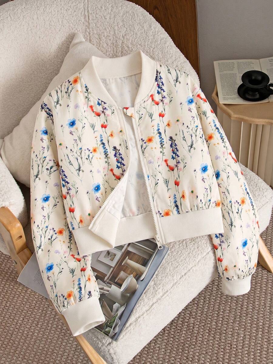 Tween Girl Floral Print Long Sleeve Zipper Front Baseball Jacket - Apricot - View 1