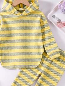 Elladie kids 女童新款黃灰條紋連帽長袖上衣與鬆緊腰休閒寬鬆軟針織長褲 2件套，春/秋 - 彩色 - 查看 7