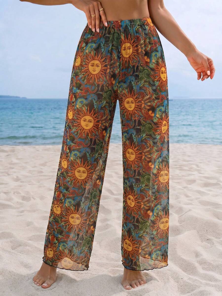 Swim Oasis 女款夏季度假休閒海灘穿搭太陽圖案網格印花比基尼下身長褲罩衫 - 彩色 - 查看 1