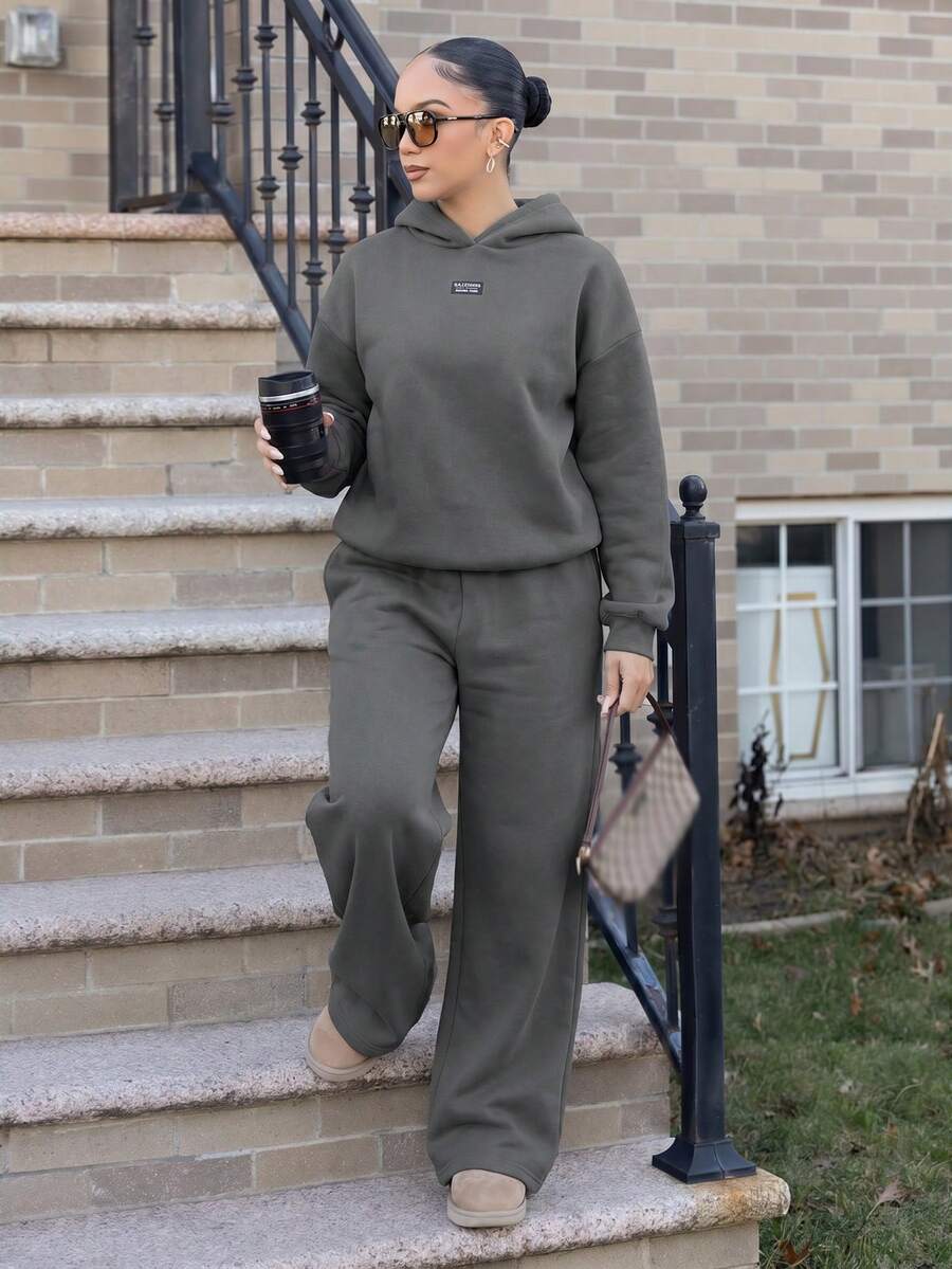 Melissa Matos 女款秋冬新款保暖內裡休閒寬鬆連帽衛衣與運動長褲兩件套,深灰色,秋季女裝優雅款 - 深灰色 - 查看 1