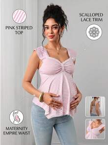 Momance Maternity Top With Ruffle Short Sleeves, Lace Collar, Sweetheart Neckline, Bow Detail, A-Line Hem, Single Layer White Design Baby Shower Casual - Pink - View 9