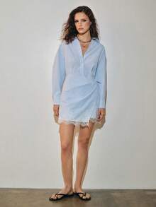 MOTF PREMIUM Đầm sơ mi cotton kẻ sọc phối ren patchwork phong cách Urban, màu xanh trắng, kiểu Pháp thanh lịch, phù hợp cho brunch mùa thu và đi du lịch - Màu xanh lam - Xem 7