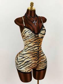 Bumpella Vintage Wild Lace Hem Slit Animal Print Plunging Neckline Bodycon Jumpsuit For Women, Summer - Brown - View 7