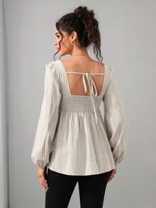 Momance Maternity Striped Square Neck Top, Loose And Comfortable Photoshoot Fall And Winter Maternity - Apricot - View 2
