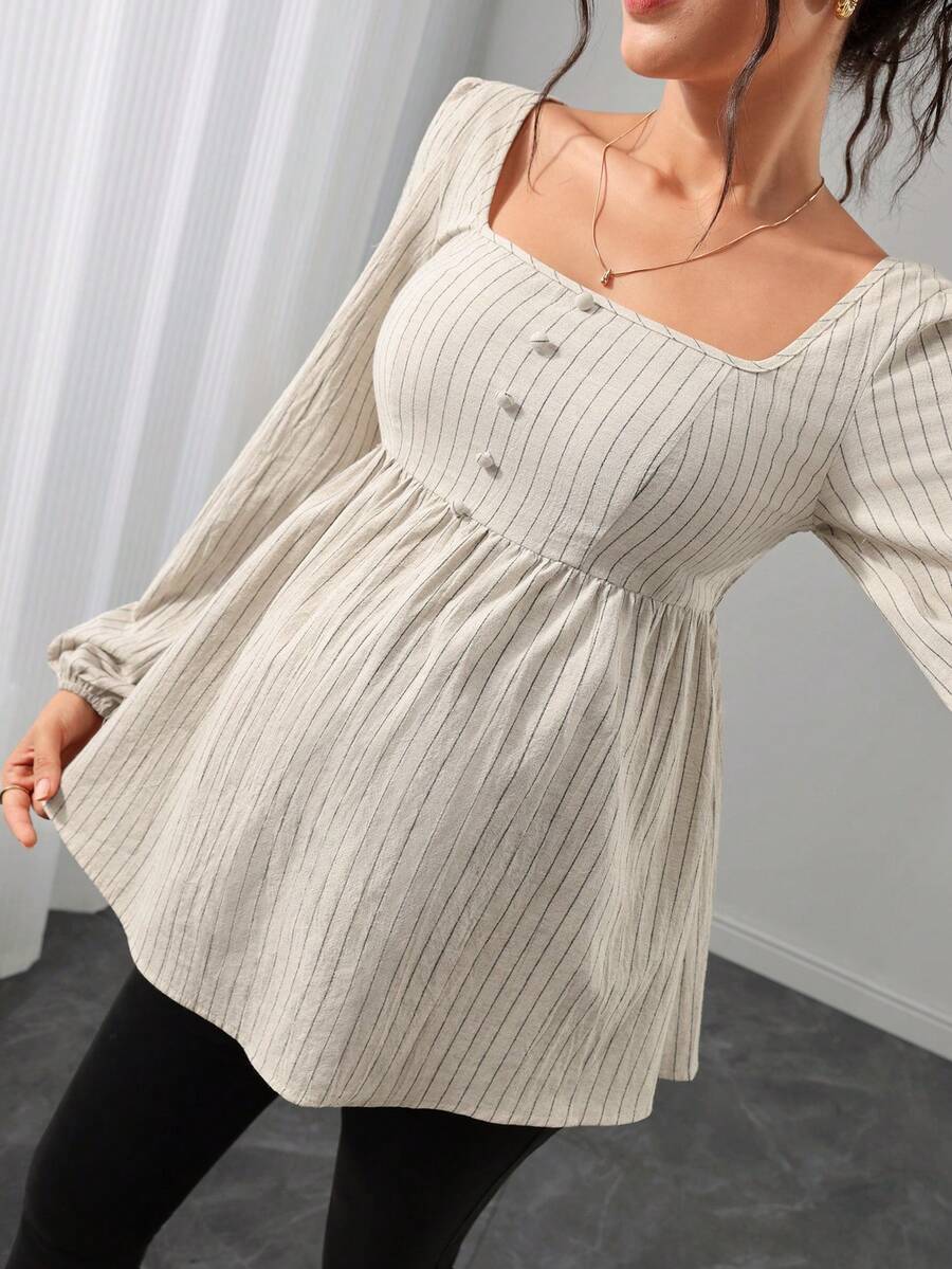 Momance Maternity Striped Square Neck Top, Loose And Comfortable Photoshoot Fall And Winter Maternity - Apricot - View 1