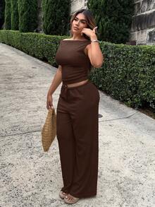 Maria Perezxox 女款百搭兩件套：純色露肩上衣與休閒抽繩寬腿褲，優雅風格 - 巧克力棕 - 查看 4