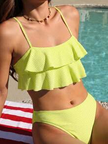 Swim Mod Conjunto de bikini de volantes con estampado floral y rayas para vacaciones de verano de mujer - Amarillo - Ver 7