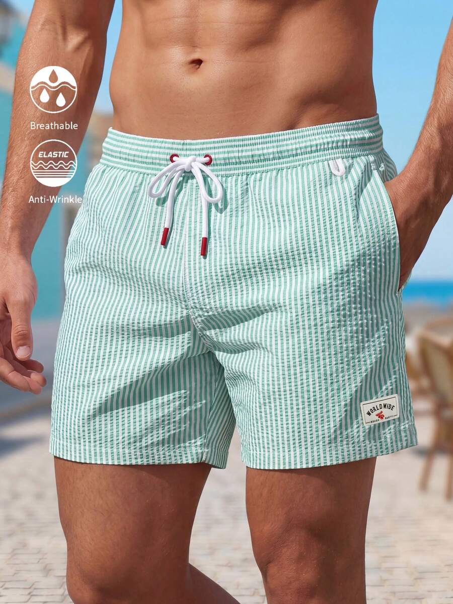 Manfinity KASUA Men's Casual Striped Print Drawstring Beach Shorts, Holiday - Mint Green - View 1