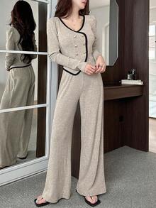 Dazy Tall Setelan Wanita 2 Potong Elegan: Atasan Lengan Pendek dan Celana Panjang Longgar dengan Motif Patchwork Colorblock, Set Pakaian Santai untuk Wanita - Aprikot - View 3