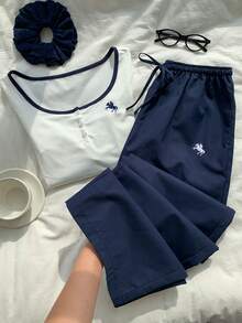 Comfortcana 女款馬術刺繡鈕扣半開襟長袖上衣與長褲休閒兩件套 - 彩色 - 查看 5