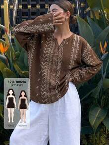 Dazy Tall Blus Pullover Wanita Leher Bulat Lengan Panjang Longgar Motif Bunga Gaya Liburan Musim Panas Cokelat Boho - Coklat - View 1