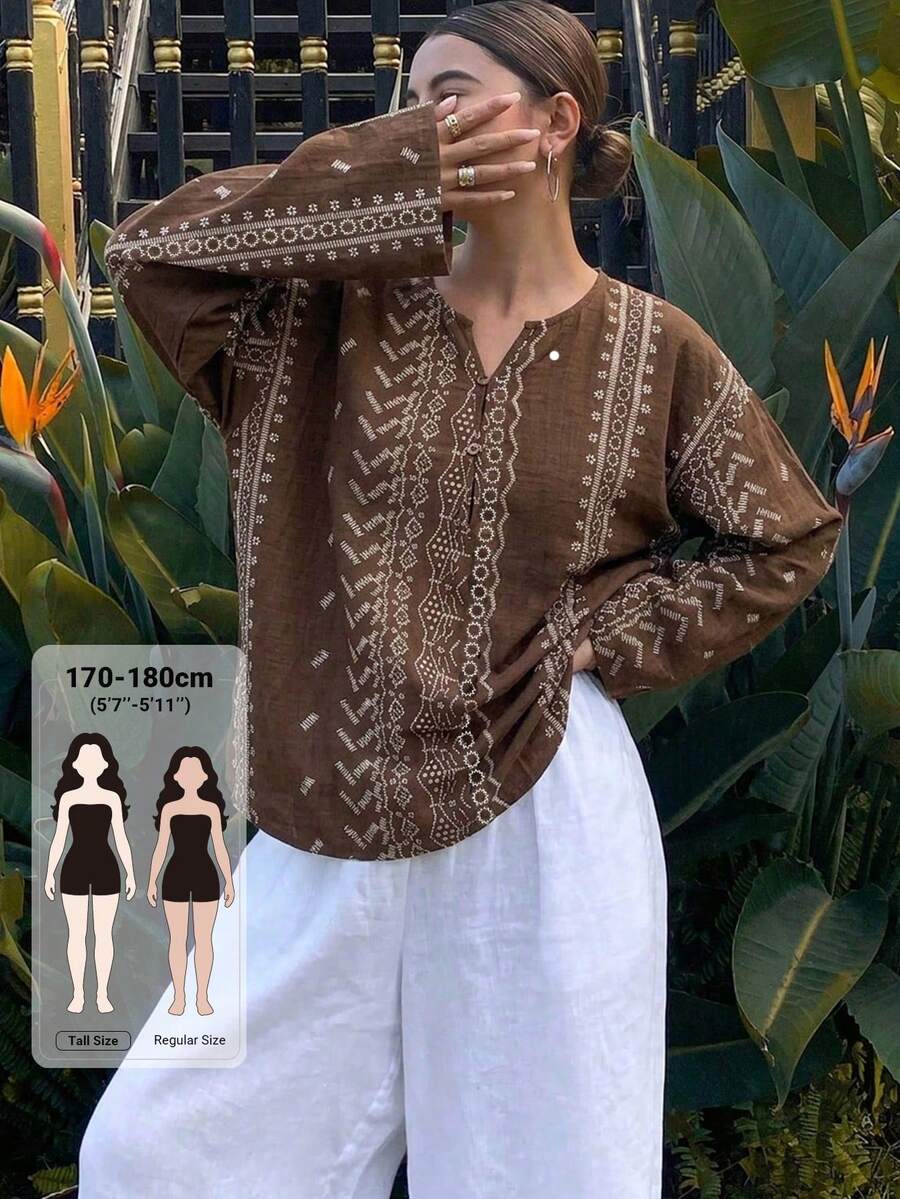 Dazy Tall Blus Pullover Wanita Leher Bulat Lengan Panjang Longgar Motif Bunga Gaya Liburan Musim Panas Cokelat Boho - Coklat - View 1
