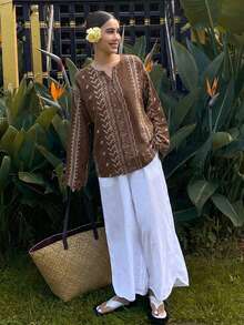Dazy Tall Blus Pullover Wanita Leher Bulat Lengan Panjang Longgar Motif Bunga Gaya Liburan Musim Panas Cokelat Boho - Coklat - View 6