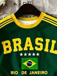 青少年女孩休閒極簡時尚運動球衣風，休閒極簡 BRASIL 圖案，對比色短袖與短褲兩件套，適合夏季，圖案、Y2K、舒適，女孩套裝，世界盃 - 彩色 - 查看 3