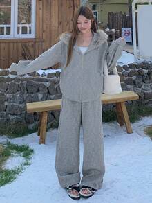 Dazy Tall Women's Fur Collar Patchwork Jacket And Loose Long Pants Casual 2 Pieces Set - Light Grey - View 8