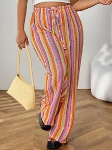 SHEIN PETITE CURVE 大尺碼女款低腰休閒彩色條紋鉤編直筒長褲，適合度假、海灘、旅行、沙灘與音樂節 - 彩色 - 查看 6