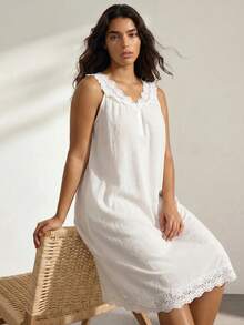 Ocili Leisure Comfortable Minimalist 100% Cotton Plain Weave Embroidered Water-Soluble Lace Women's Loungewear Dress Plus Size Nightgown - White - View 3