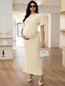 MaterniWear Maternity Solid Color Round Neck Short Sleeve Ruched Fitted Dress Photoshoot Summer - Apricot - View 4