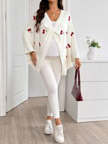 SHEIN 孕婦秋冬休閒櫻桃刺繡蝙蝠袖毛衣 - 白色 - 查看 3