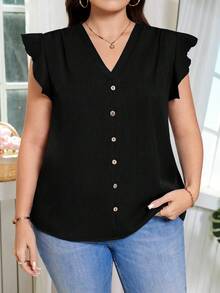 SHEIN Clasi Plus Size Women Summer Simple Solid Color Ruffle Button Decor Blouse - Black - View 5