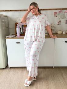Slumberry CURVE Plus Size Women Sweet INS Heart Tulip Ditsy Floral Short Sleeve Long Pants Pajama Set - Pink - View 4