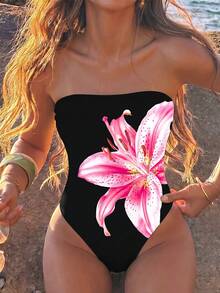 Traje de baño de una pieza elegante y sexy para mujer, de unicolor, tipo bandeau, para el verano - Negro - Ver 3