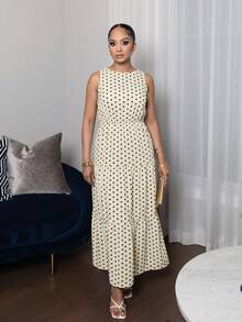Melissa Matos Polka Dot Sleeveless Ruffle Hem A-Line Dress Maxi Women Outfit Elegant - Beige - View 5