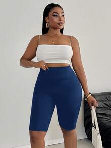SHEIN PETITE CURVE 大尺碼女款休閒極簡純色內搭褲，適合夏季 - 藏蓝色 - 查看 4