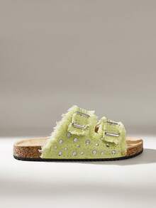 Solecia Summer Women's Fashion Casual Belt Rhinestone Rough Edge Design, Adjustable Buckle Daily Beach Vacation Sandals - grass green - View 2