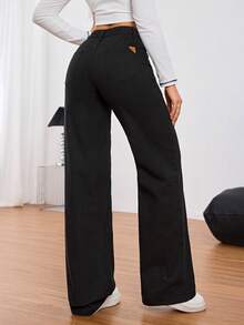 SHEIN Tall Women Front Button Pocket Casual Simple Denim Jeans, Everyday Wear, Tall Women - Black - View 7