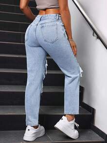 SHEIN PETITE Women's Distressed Solid Color Washed Fashionable Ripped Denim Jeans, Summer ,Petite Women - Light Wash - View 2
