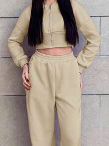 Hitanina 女款前拉鍊連帽外套與長褲兩件套優雅套裝 - 卡其色 - 查看 3