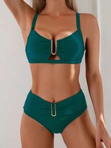 SHEIN Swim 2026春夏女款孔雀綠加厚可調肩帶純色金色U型裝飾高衩比基尼兩件式泳衣套裝 - 水鴨藍 - 查看 7