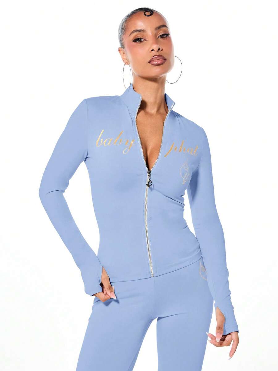 BABYPHAT High Neck Long Sleeve Jersey Zip-Up Top With Gold Glitter Script Logo Print - Baby Blue - View 1
