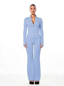 BABYPHAT High Neck Long Sleeve Jersey Zip-Up Top With Gold Glitter Script Logo Print - Baby Blue - View 3