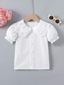 SHEIN 1件女童夏季白色甜美蕾絲雙層彼得潘領泡泡短袖襯衫，適合日常穿著、外出、約會、野餐、購物 - 白色 - 查看 3