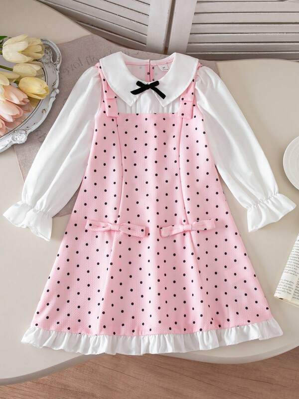 SHEIN Vestido elegante y dulce para niñas con cuello Peter Pan, pliegues de acordeón, mangas de pétalo, patchwork de lunares y efecto de dos piezas, adecuado para uso diario, escuela y ocasiones formales