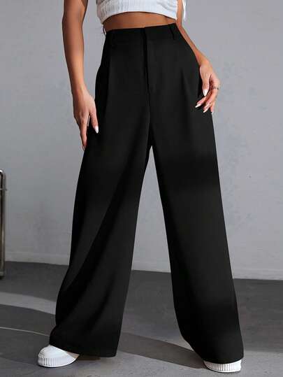 SHEIN EZwear 大码女式休闲日常办公通勤纯色褶皱宽松阔腿裤