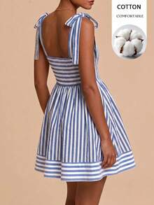 Travachic 女款條紋肩部打結休閒迷你洋裝 - 藍白色 - 查看 3
